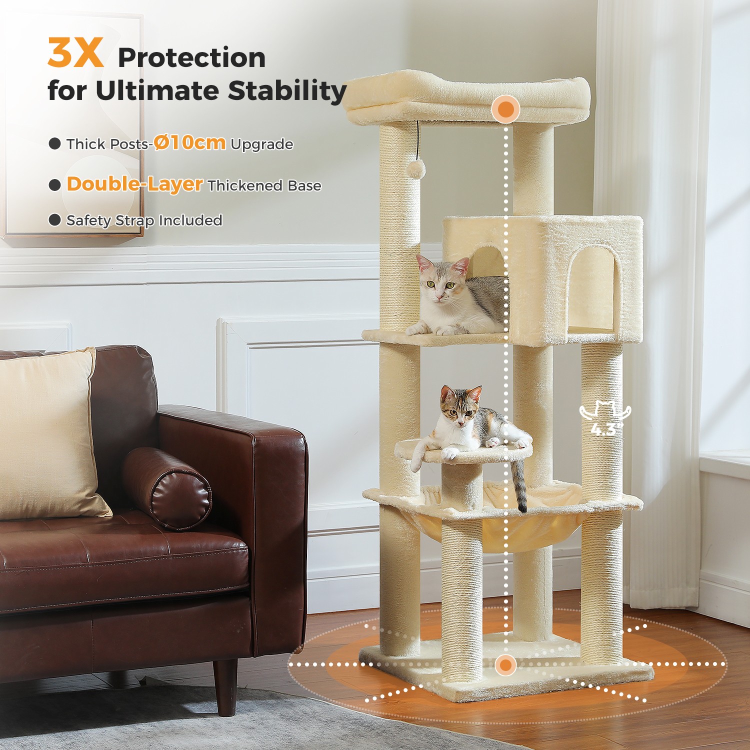 PAWZ Road XL Cat Tree Tower for Large Cats (30lb) with Thick Scratching Post Toy
