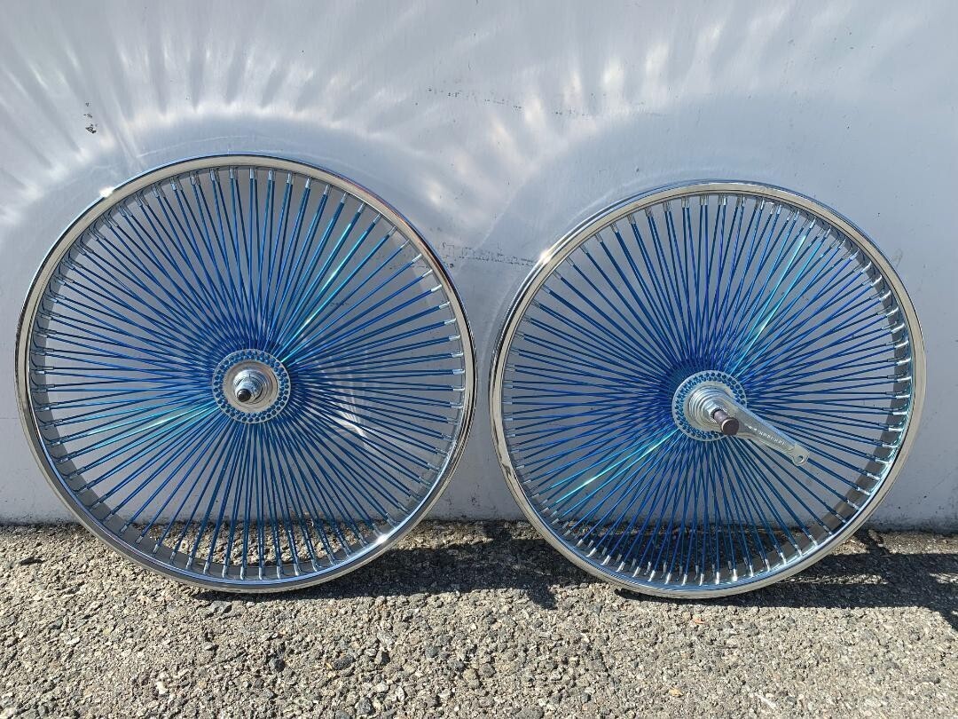 CHROME BICYCLE 20" STEEL WHEELSET W/ 140 BLUE SPOKES LOWRIDER CRUISER BIKES