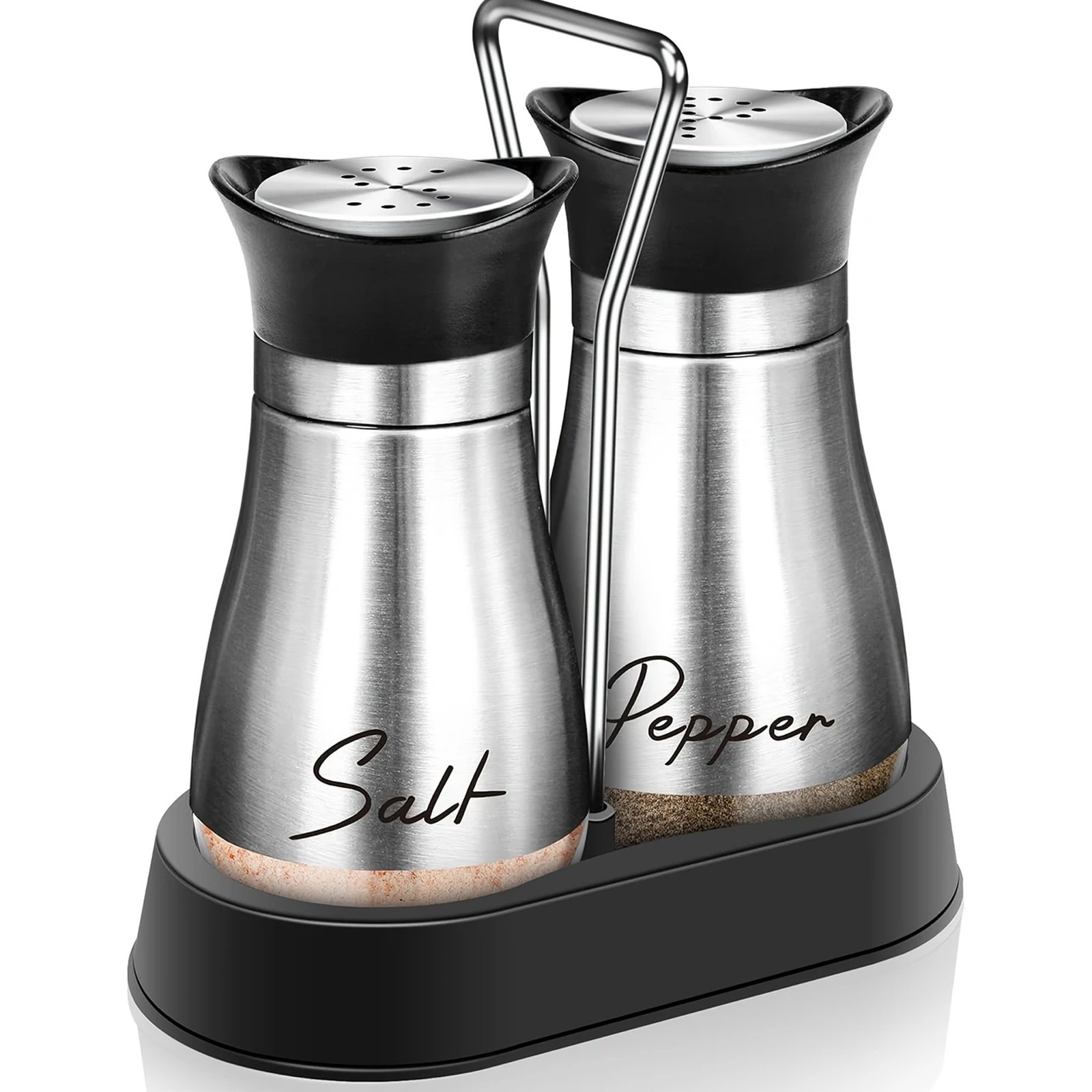 Salt and Pepper Shaker Set with Stand，4 OZ Stainless Steel Salt and Pepper Shake