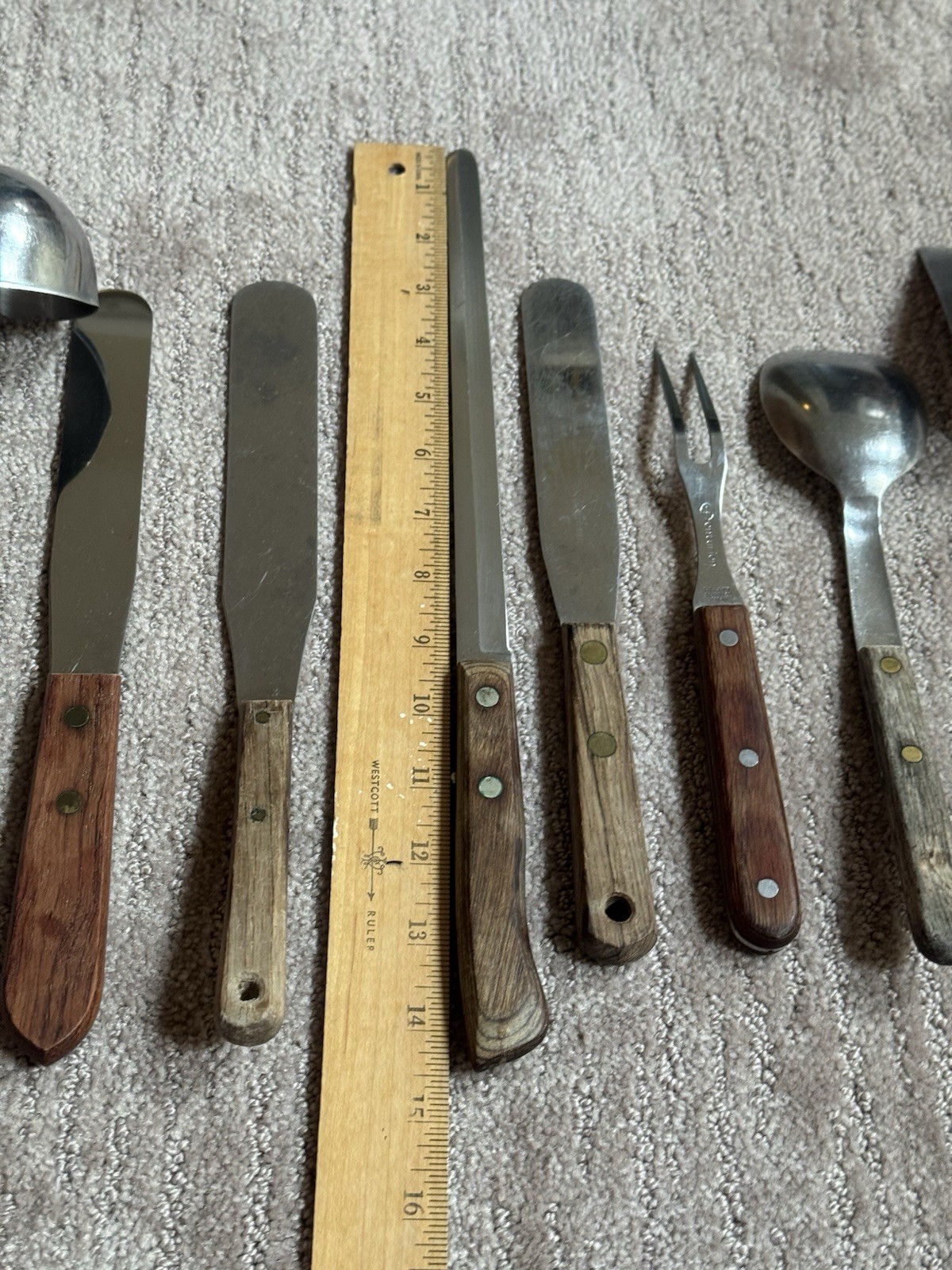 Lot 12 Utensils w/ Wooden Handles Stainless Helco Flint Blue Ribbon Japan USA