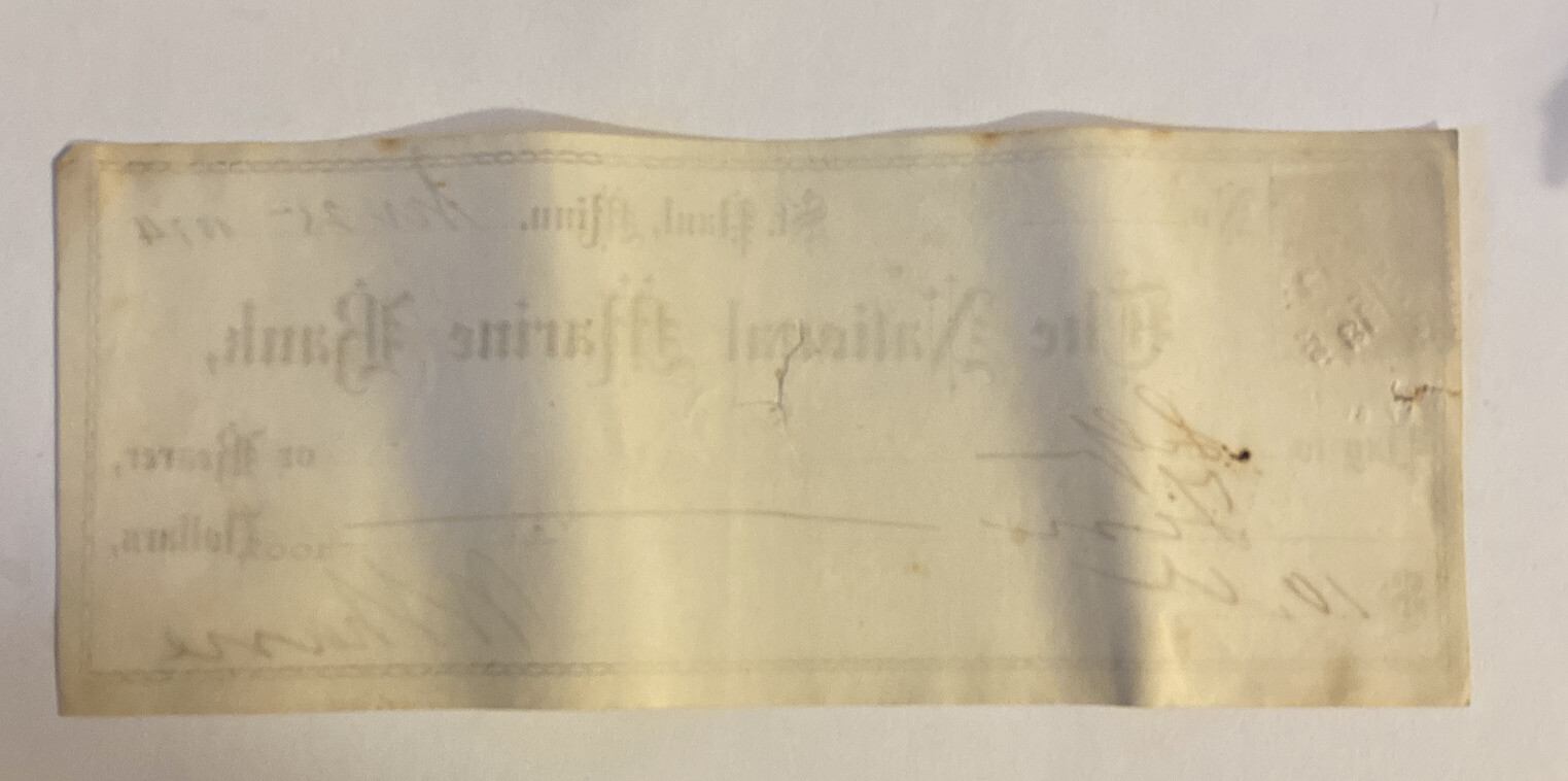 Vintage 1874 National Marine Bank $10 Check ~ St. Paul Minnesota