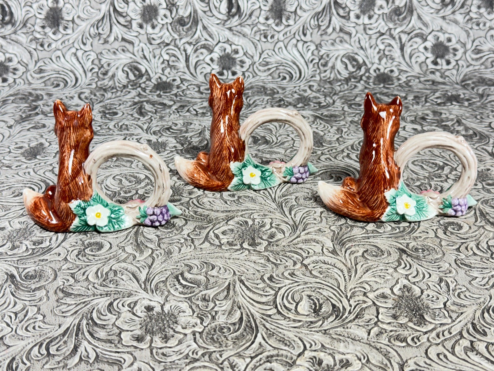 Vintage Fitz & Floyd Reynard The Fox Napkin Rings 1990 Woodland FF Christmas