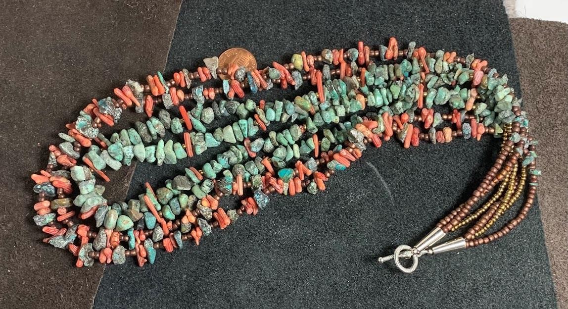 Gorgeous multi-strands turquoise/coral nugget necklace//(t722a-w3)