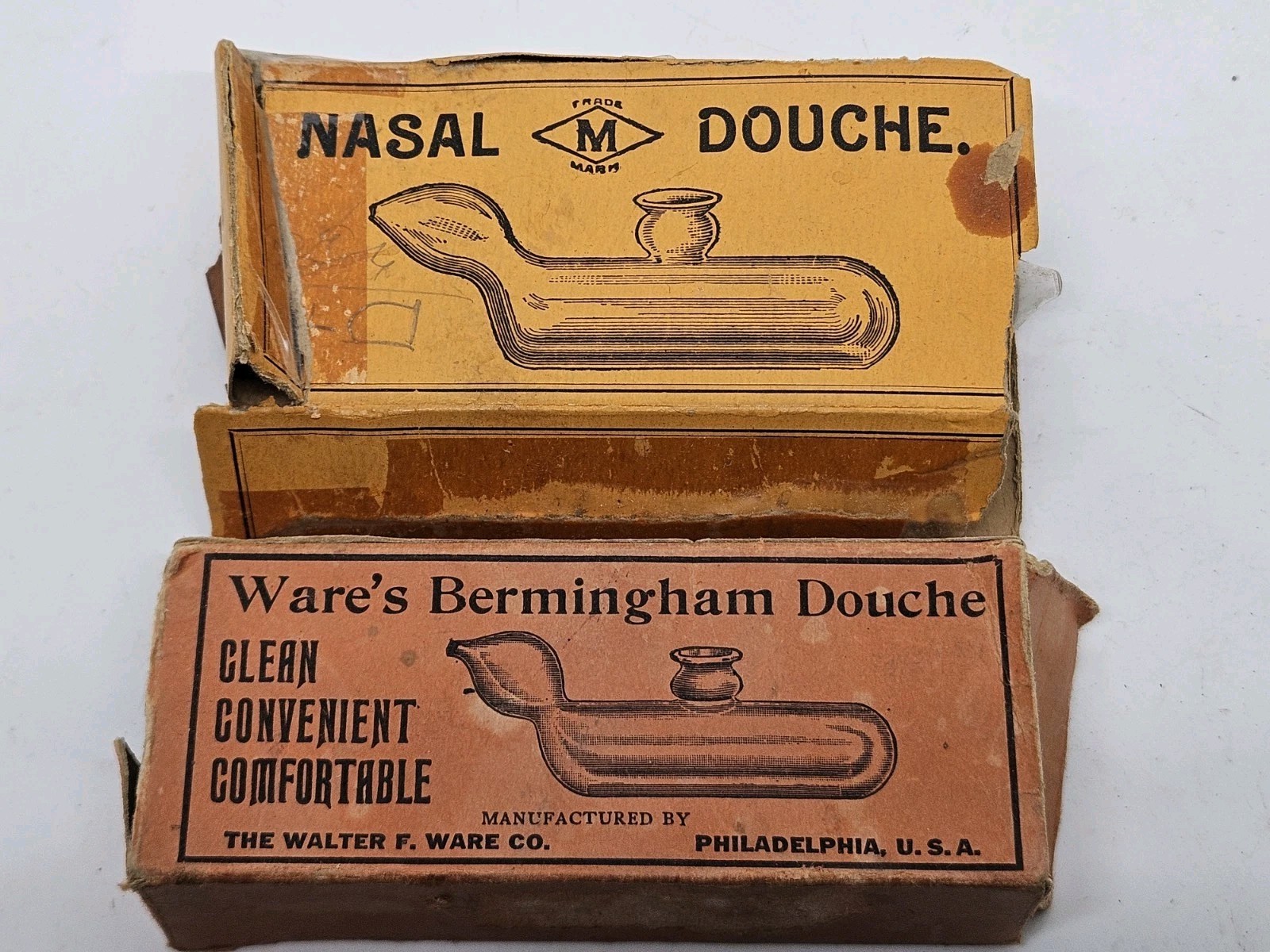 Pair of Antique Victorian Glass Nasal Douche Medical Devices with Original Boxes