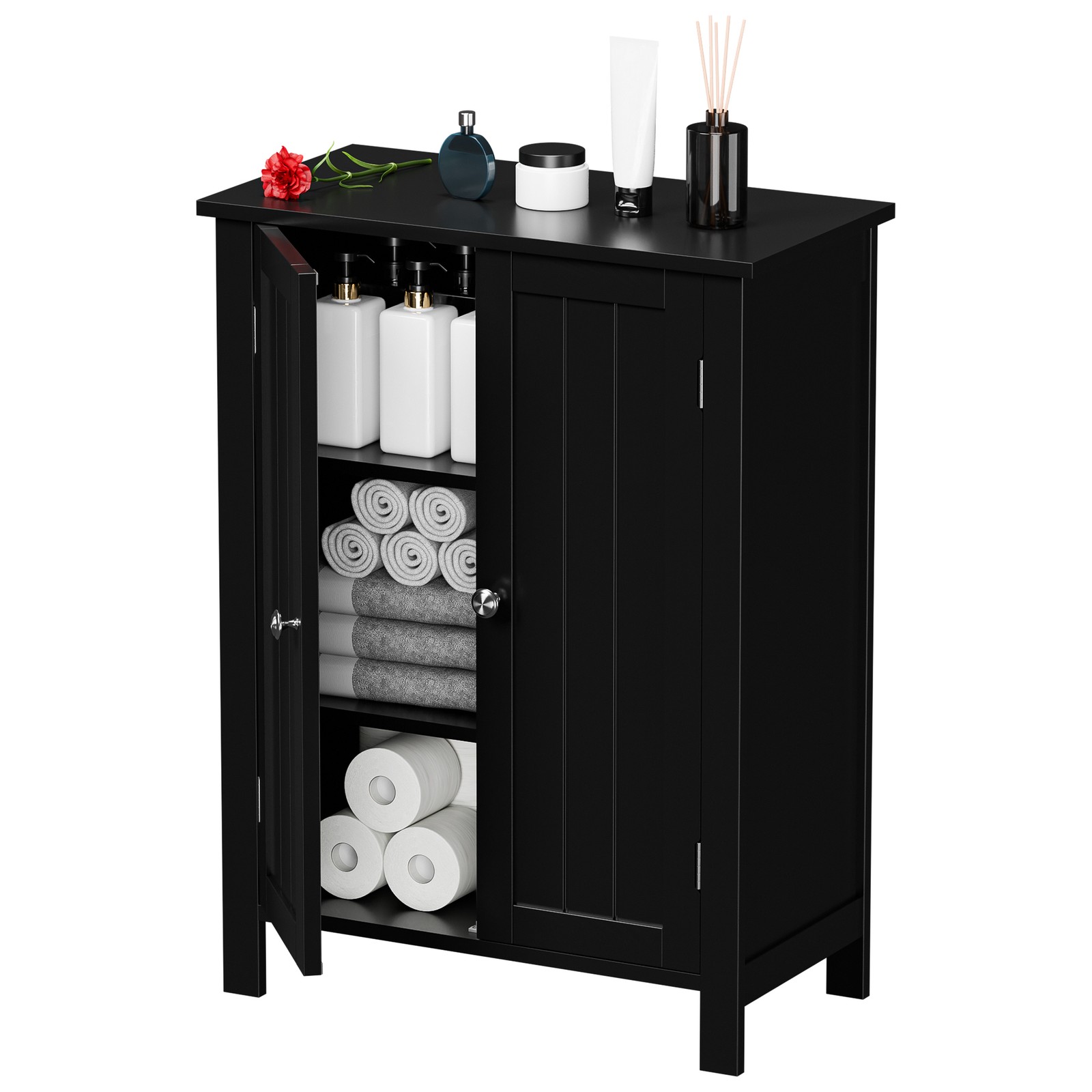 Bathroom Floor Storage Cabinet with Adjustable Shelf Double Door Organizer Black