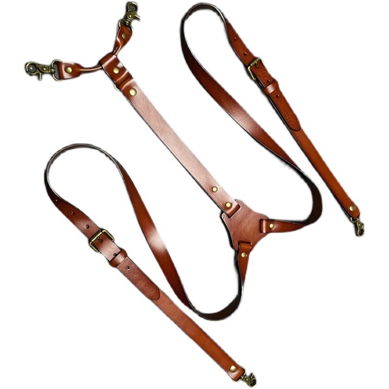 Vintage Brown Leather H Back Suspenders Belts 4 Brass Hooks For Men Male Work