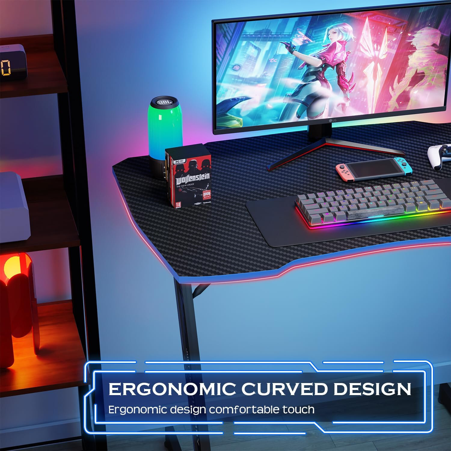35 Inch Modern Z-Shaped Gaming Desk Computer Desk for Home Office with Headphone