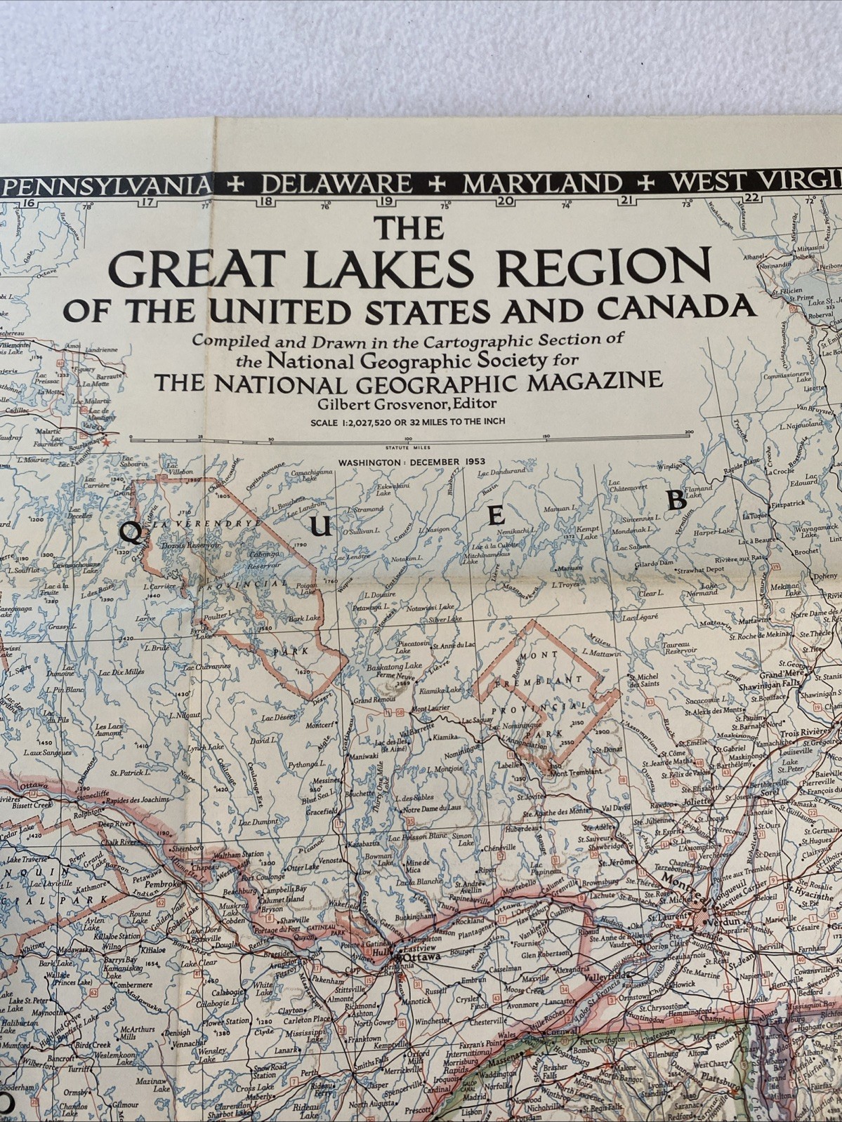Great Lakes Region USA & Canada - National Geographic Map December 1953 42x28”