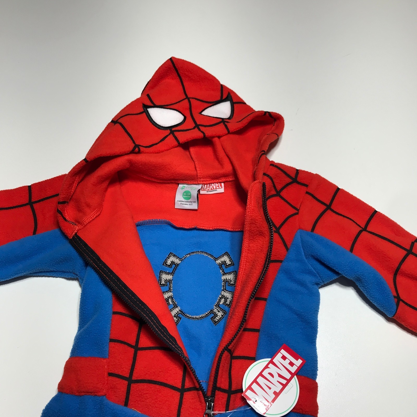 NWT Cuddle Club Marvel Fleece Spiderman One Piece Hooded Costume Toddler 18-24 M