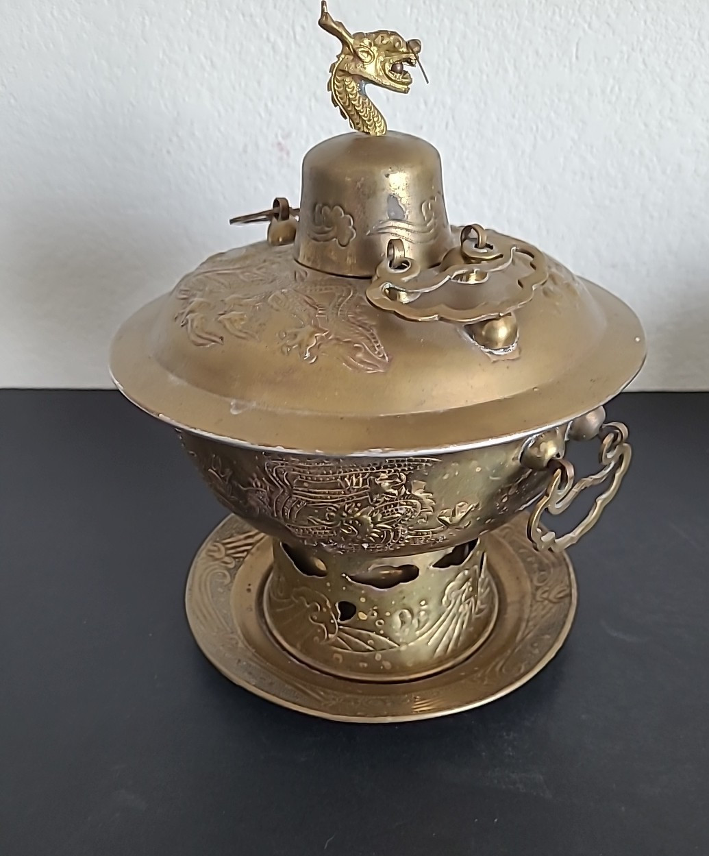 Vintage Chinese Shabu Pot Brass Hot Pot Chiseled Dragon