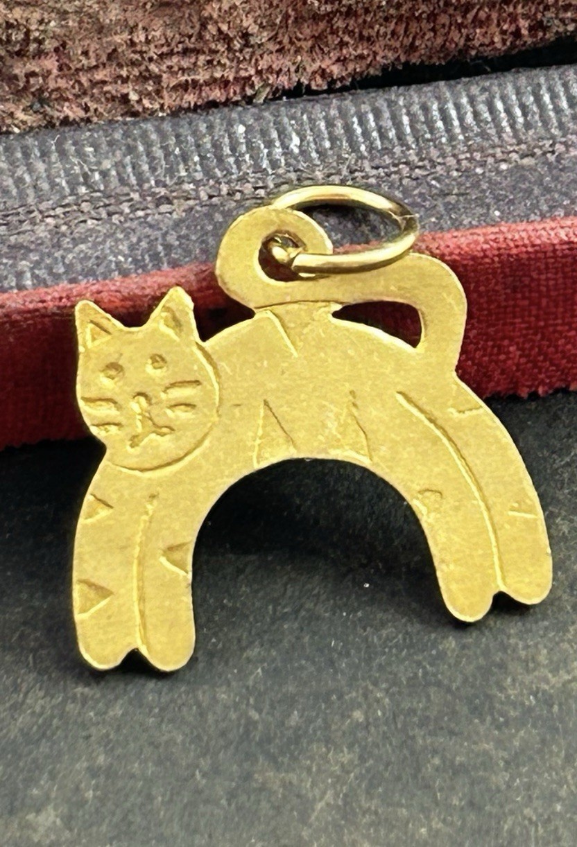 Vintage Cat Charm Necklace Pendant Kitten Kitty Vintage Jewelry Etched Brass