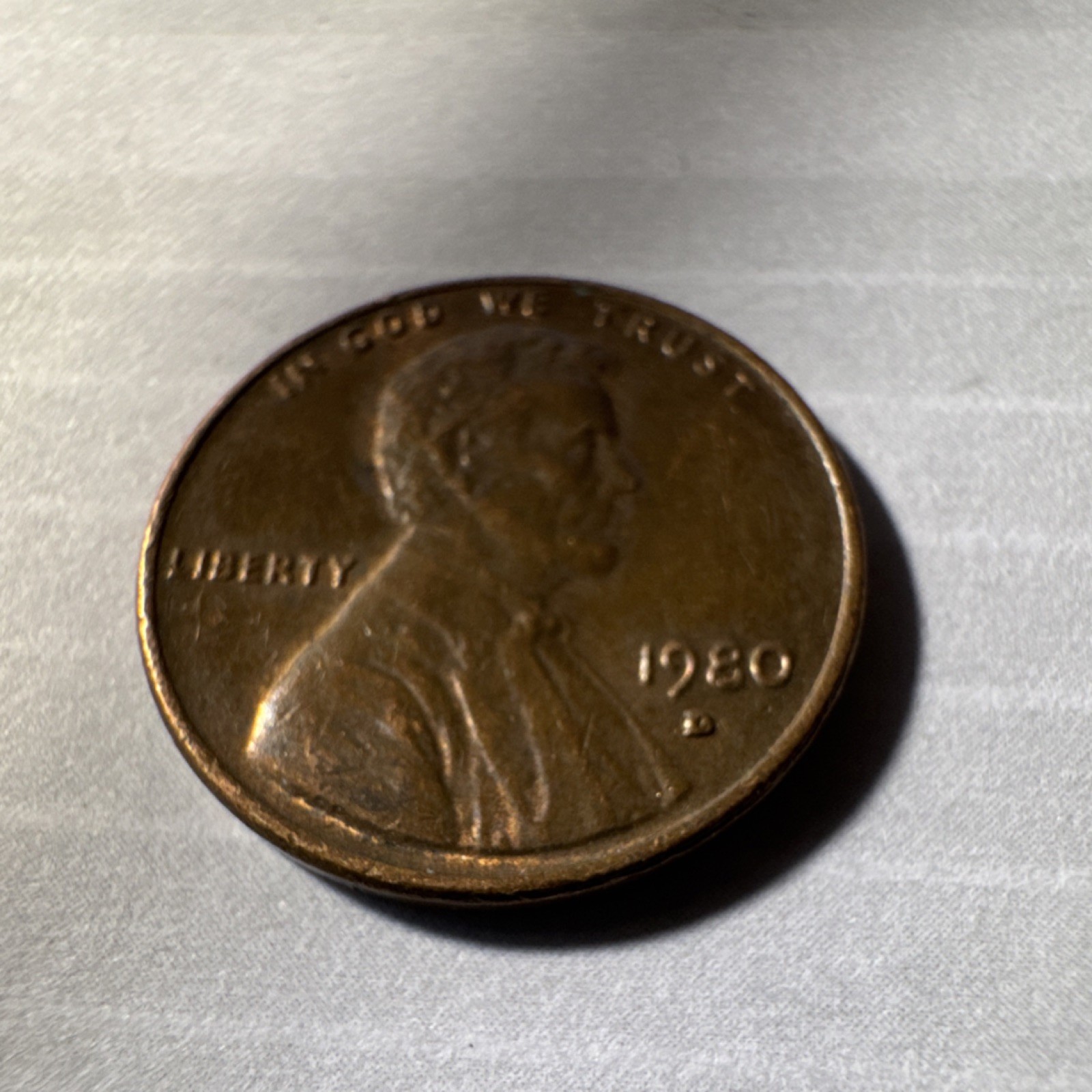 1980 Lincoln Memorial Small Cent, Circulated. Denver Mint. Copper. BN Color