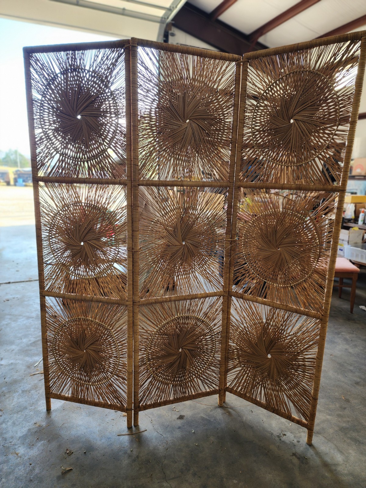 Wicker 3 Panel Art Deco Boho Screen Partition Room Divider Sunburst VTG See Desc