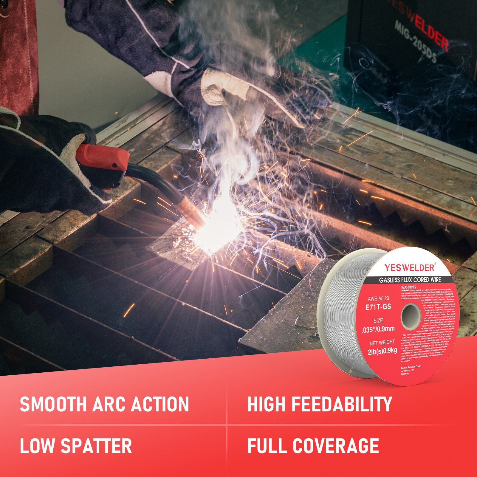 Flux Core Gasless Mig Wire, Mild Steel-E71TGS .035" 0.9mm-2 Lbs Spool (3 Rolls)