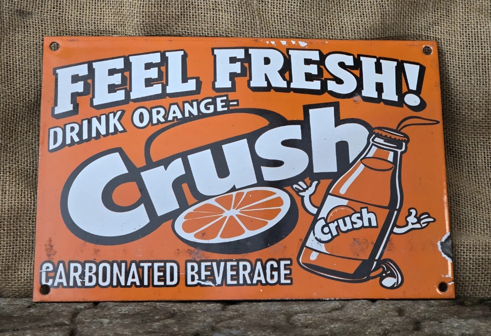 VINTAGE 1950'S ORANGE CRUSH FEEL FRESH PORCELAIN GAS STATION SODA SIGN  12"×8"!