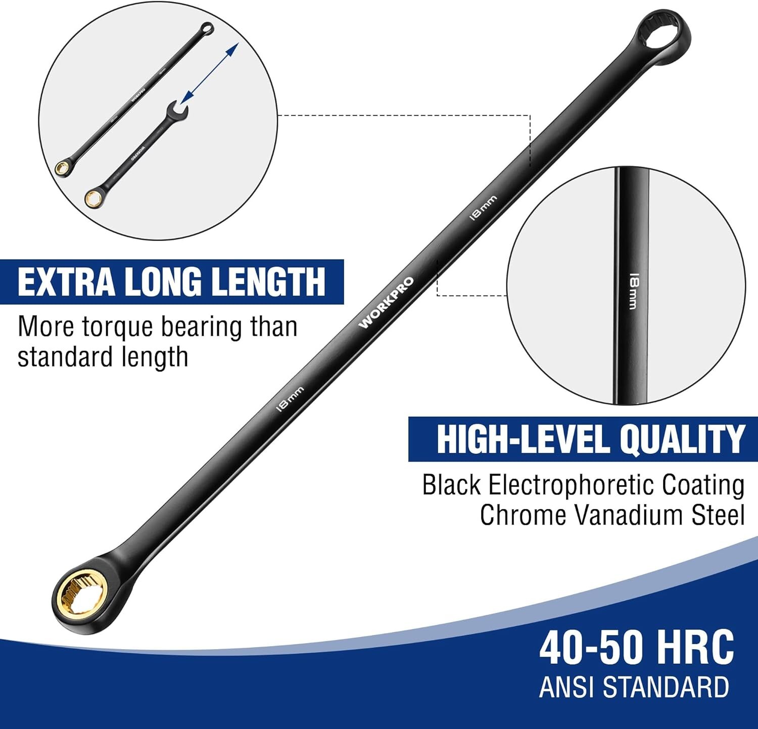 WORKPRO Extra Long Ratcheting Wrench Set-10PC Combination Anti-Slip Metri-8-19mm