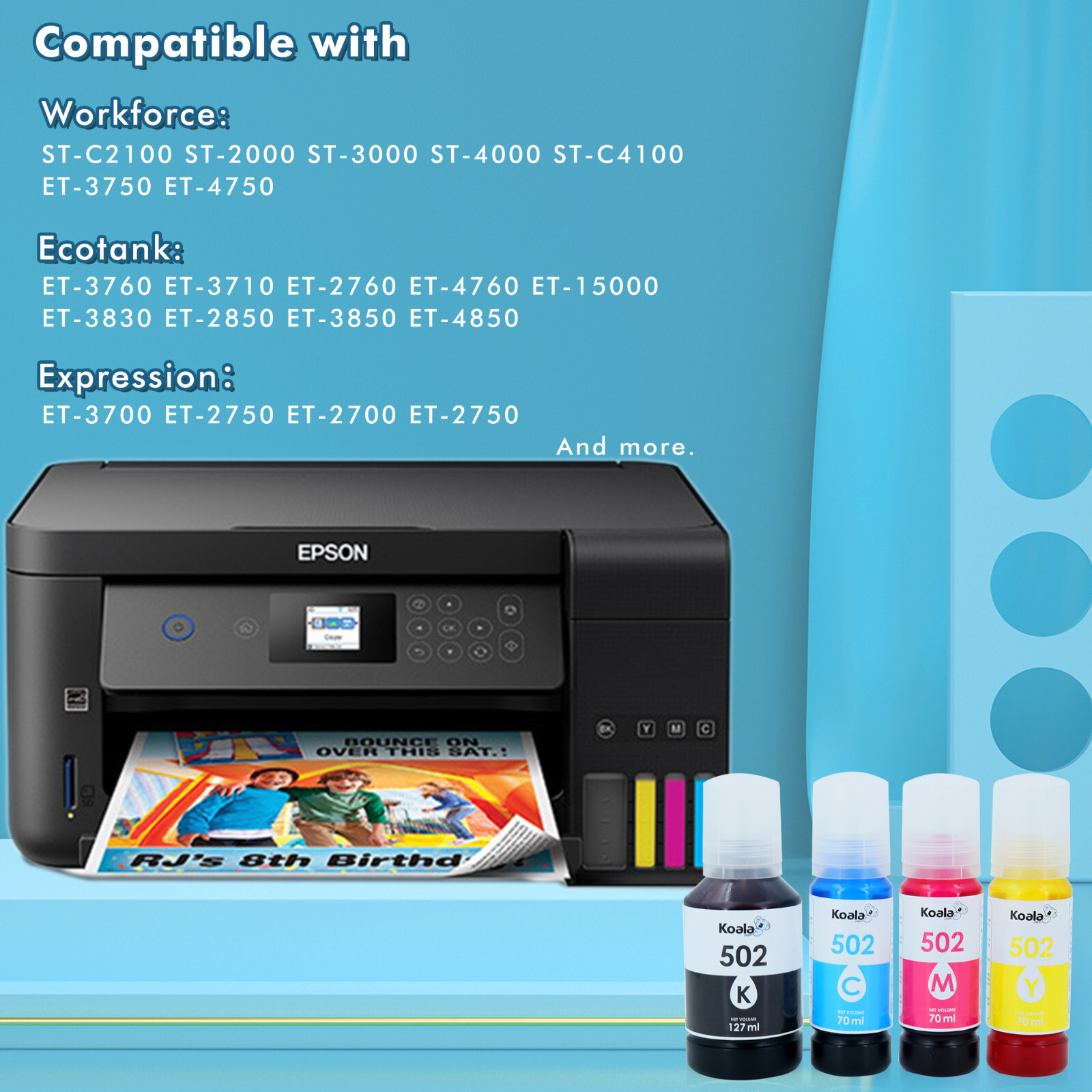 Koala 502 Ink Refill Bottles Replacement for Epson EcoTank ET-2700 ET-3760 15000