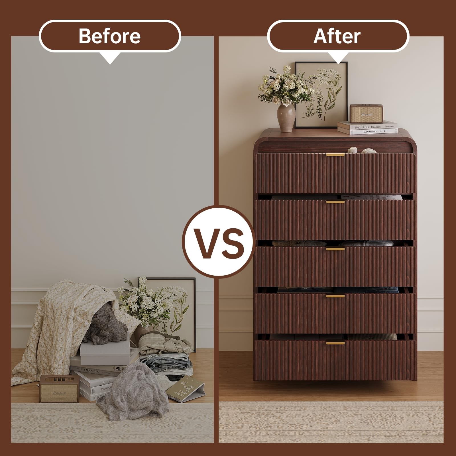 Fluted 5 Drawers Dresser for Bedroom, 48" Tall Wooden Modern Dresser,Dark Walnut