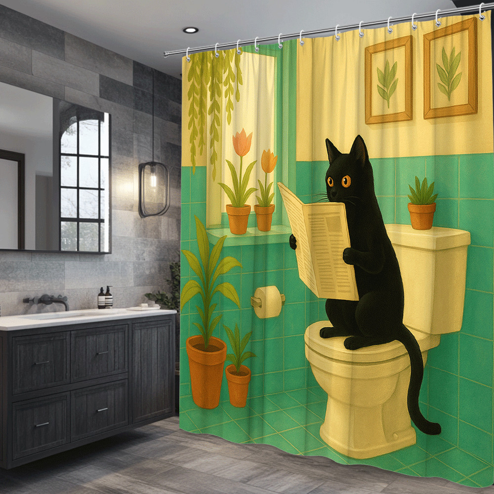 Funny Black Cat Shower Curtain for Bathroom Decor