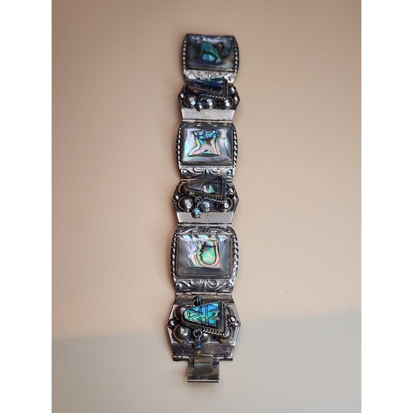 70 Yr Old TAXCO MEXICO Sterling Silver Abolone Bracelet & Earrings Set 61.66 Gr.