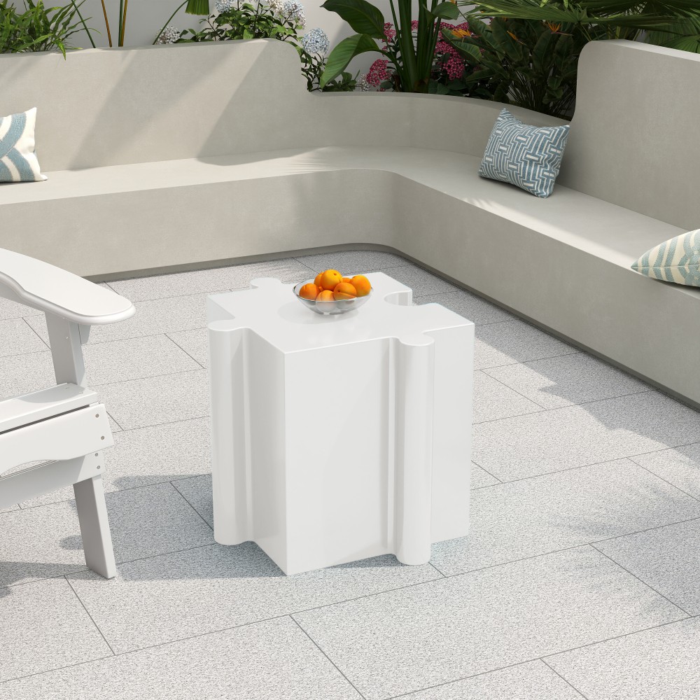 White Modular Puzzle Side Table w/ Convex Edge for Indoor & Outdoor