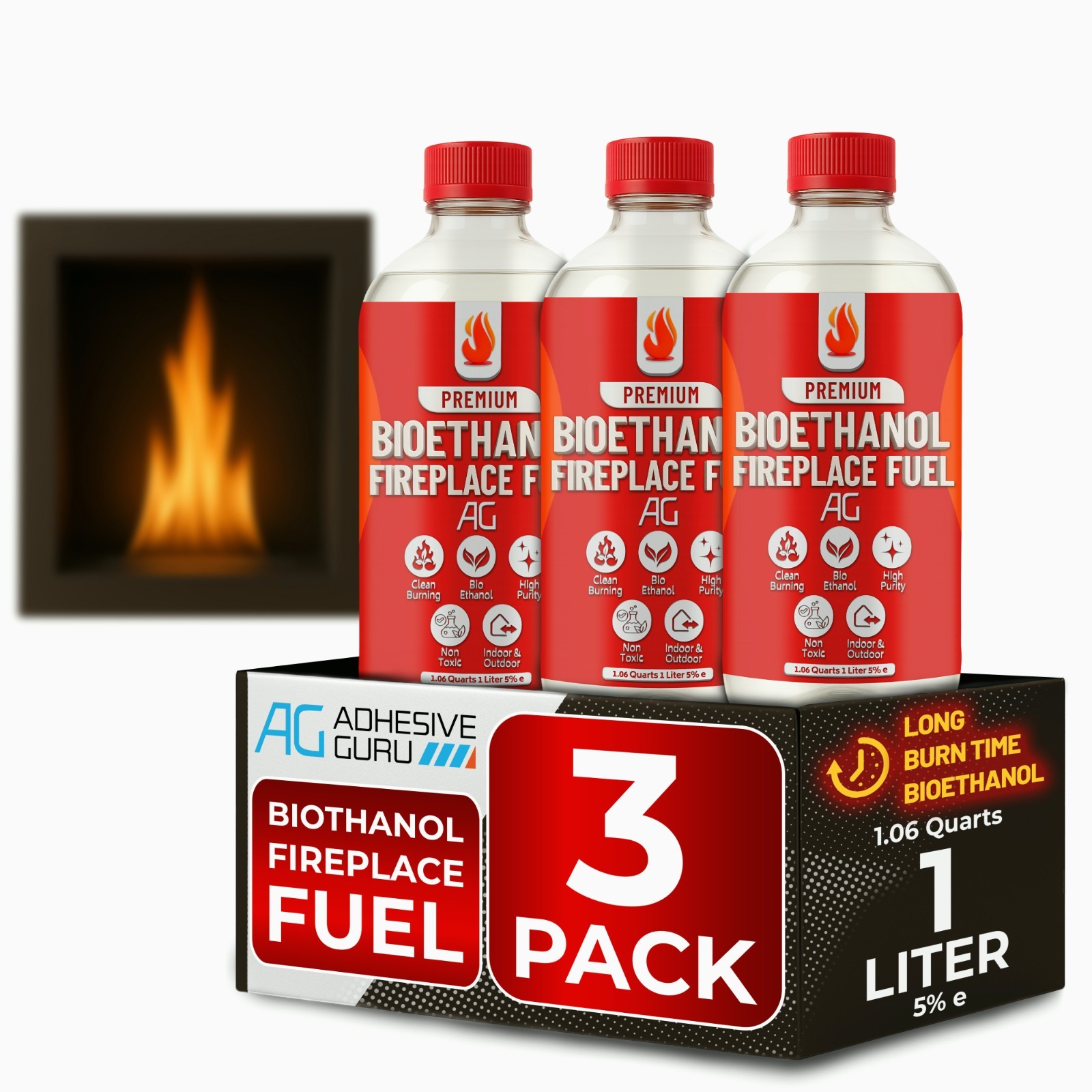Premium Bio Ethanol Fireplace Fuel (3X 1 L) For Tabletop Fires, Stoves,Versatile