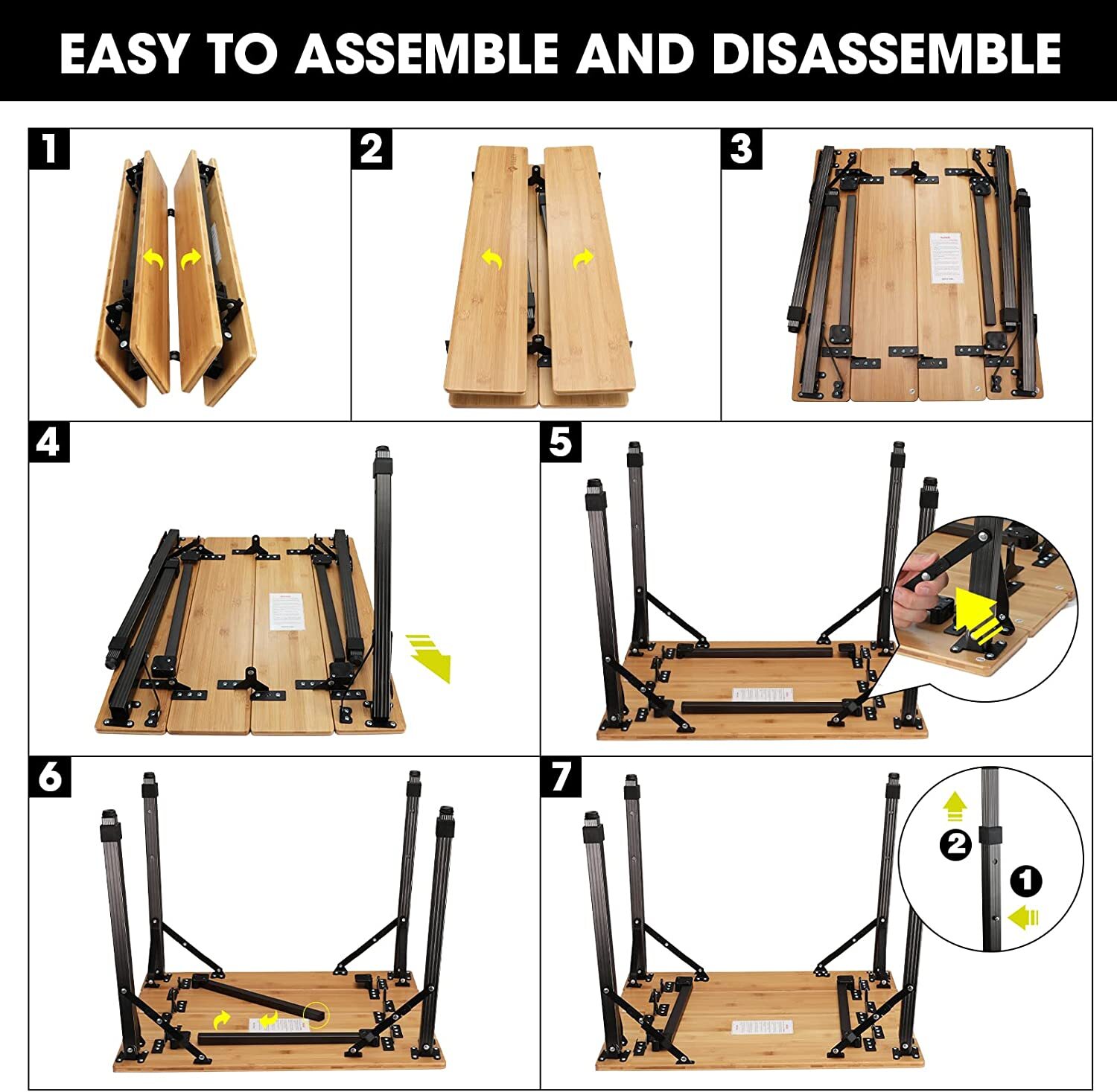 Portable Heavy Duty Camping Table Adjustable Height Bamboo Folding Table 176 lbs