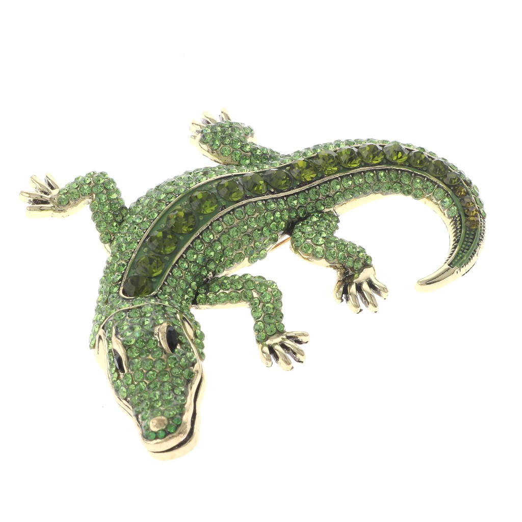 Antique Gold Tone Alloy Metal Large Alligator Rhinestone Brooch P1626-GRN