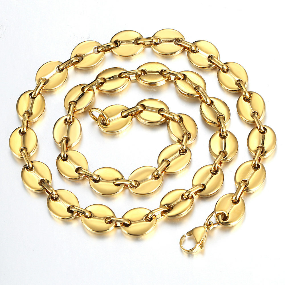 7/9/11mm Men Coffee Beans Marina Link Chain Necklace Gold Plated Stainless Steel