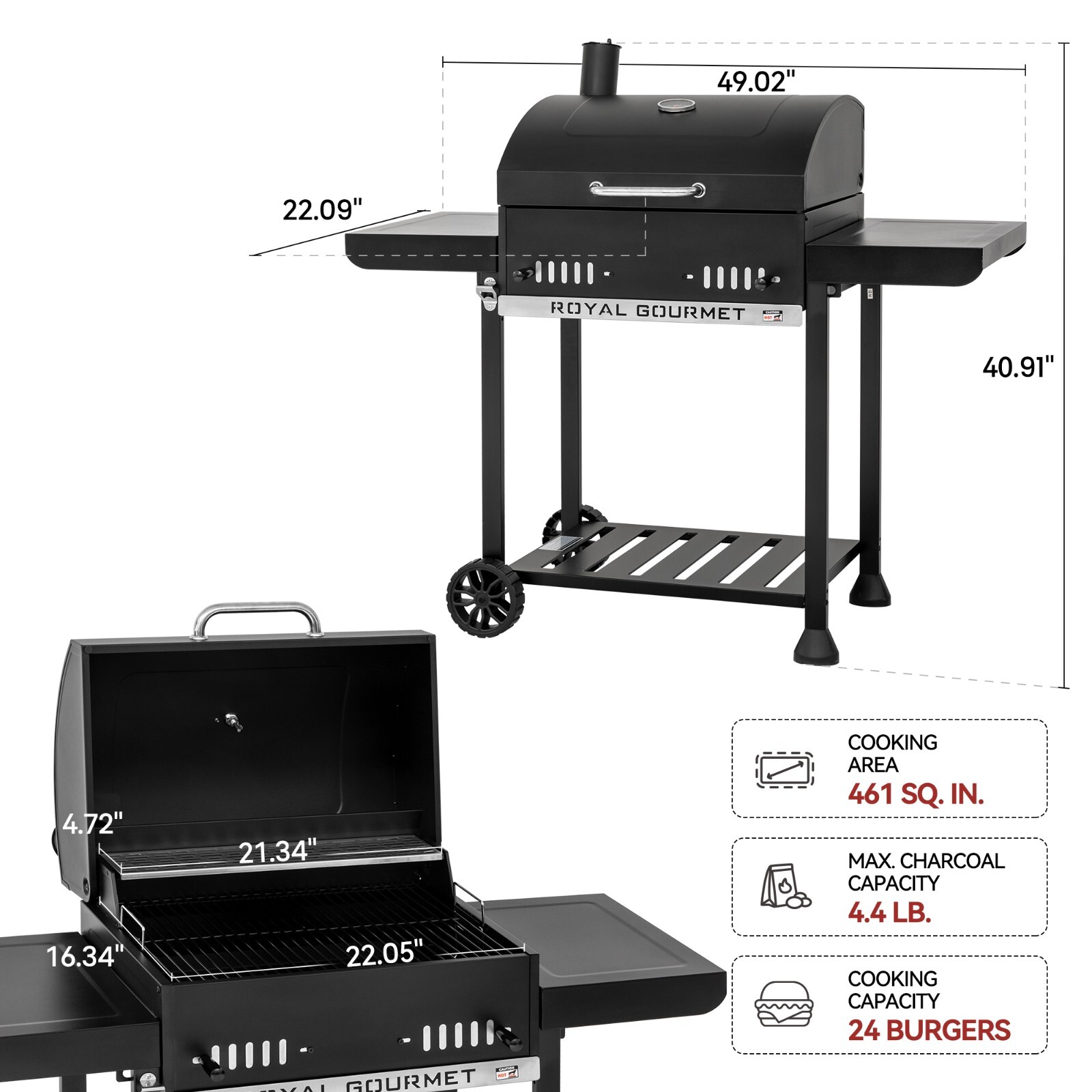Royal Gourmet 24-Inch Movable Charcoal BBQ Grill with 2 Foldable Side Shelves