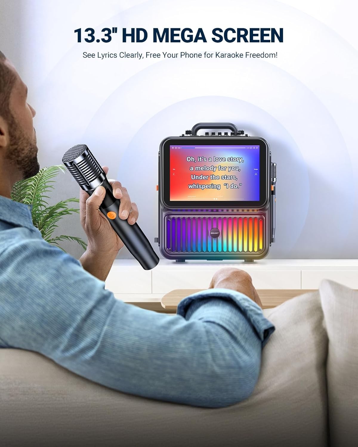 Smart Karaoke Machine w 13.3" Tablet, Bluetooth, 2 Wireless Mics, Party Lights