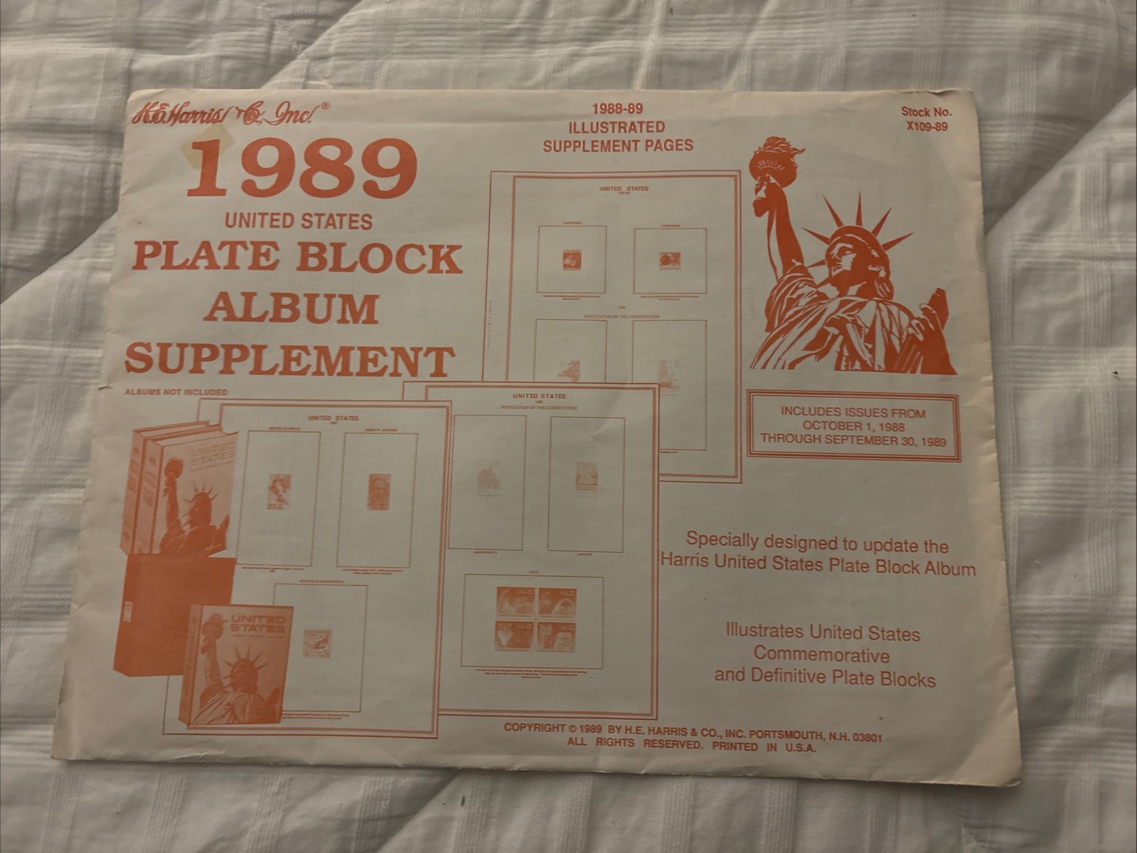 1989 H E Harris Liberty Plate Block Stamp Album Supplement New X109-89