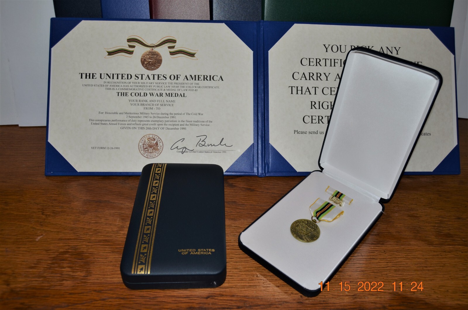 Full Size Cold War Service Medal, 1945 - 1991 Certificate Leather Folder & Case