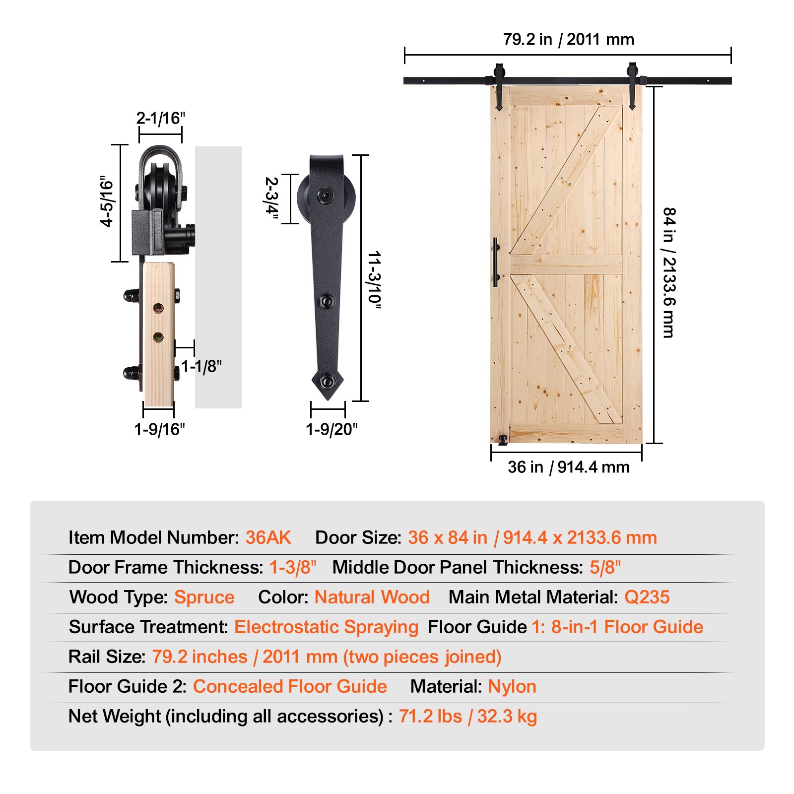 Barn Door and Hardware Kit 36" x 84" Wood Sliding Barn Door Kit Smoothly