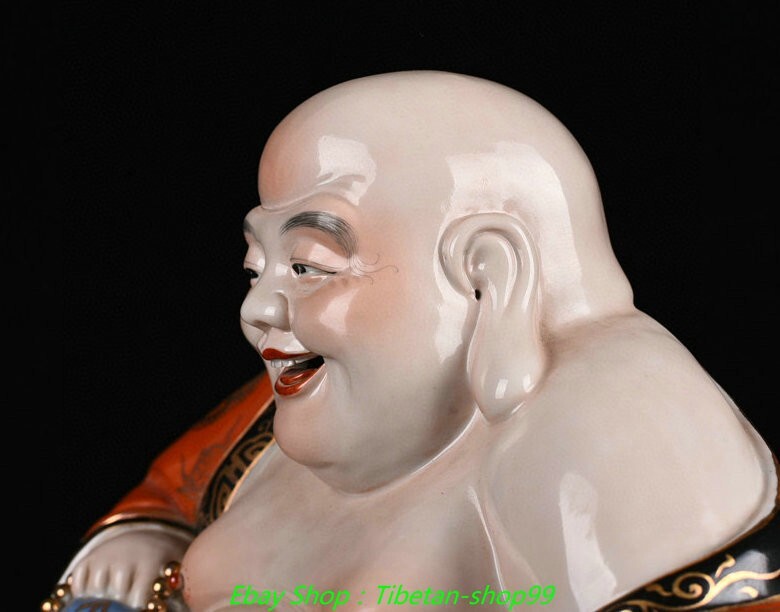 10.6''Old Dynasty Famille Rose Porcelain Gilt Happy Laugh Maitreya Buddha Statue