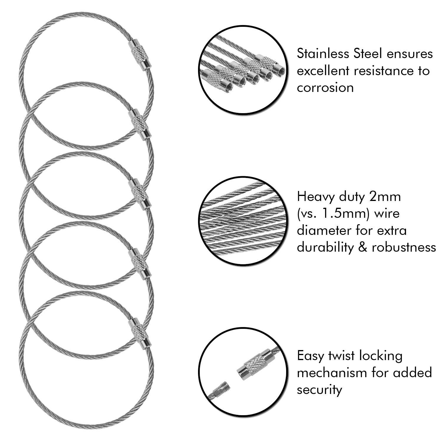 2mm Stainless Steel Wire Keychain 6.3" Aircraft Cable Key Ring Luggage Loops