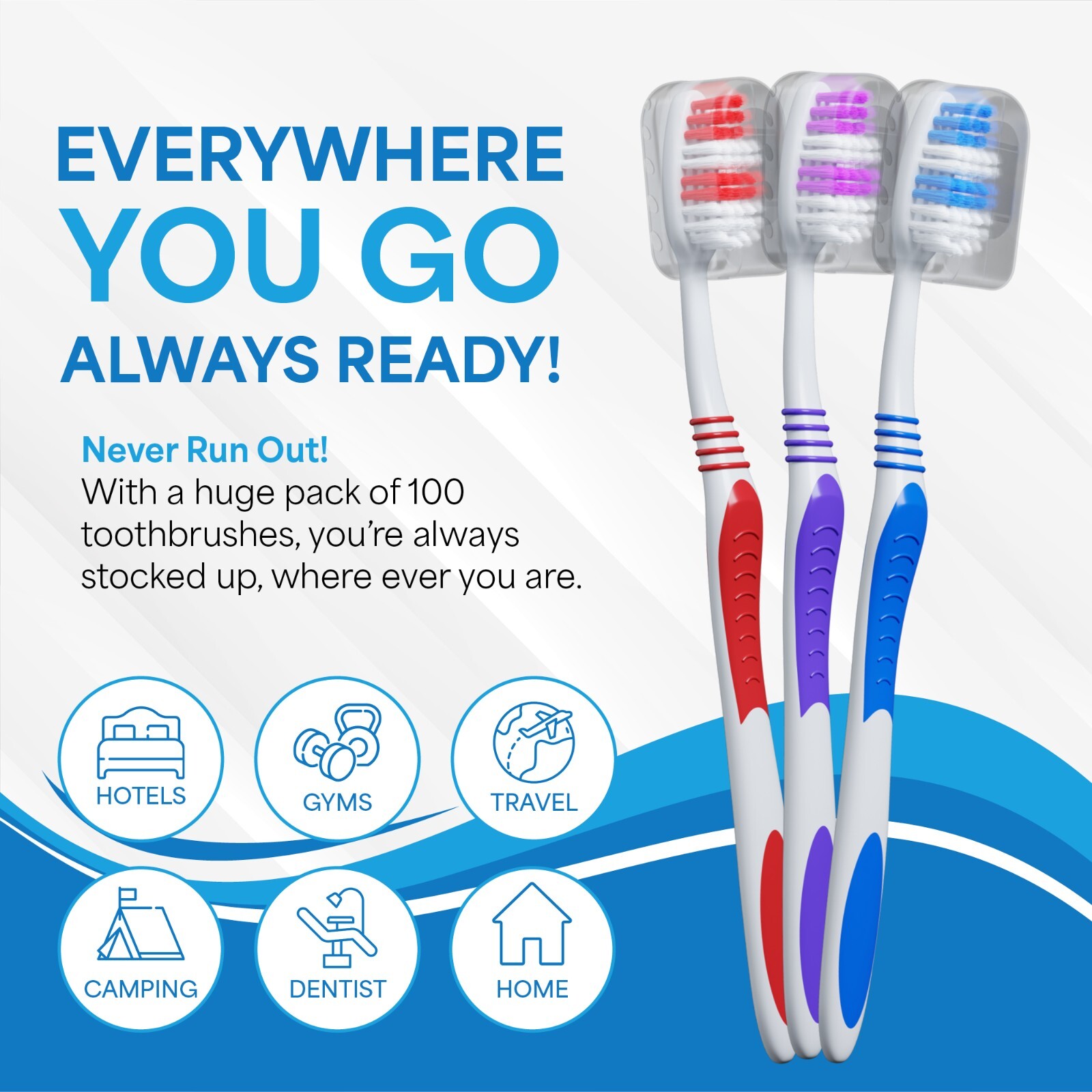 100 Bulk Toothbrushes + Caps, Individually Wrapped, Medium Soft "DAMAGED CARTON"