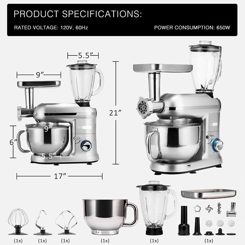 3In1 Food Stand Mixer Stainless Steel Bowl Meat Grinder Blender 6QT 6 Speed