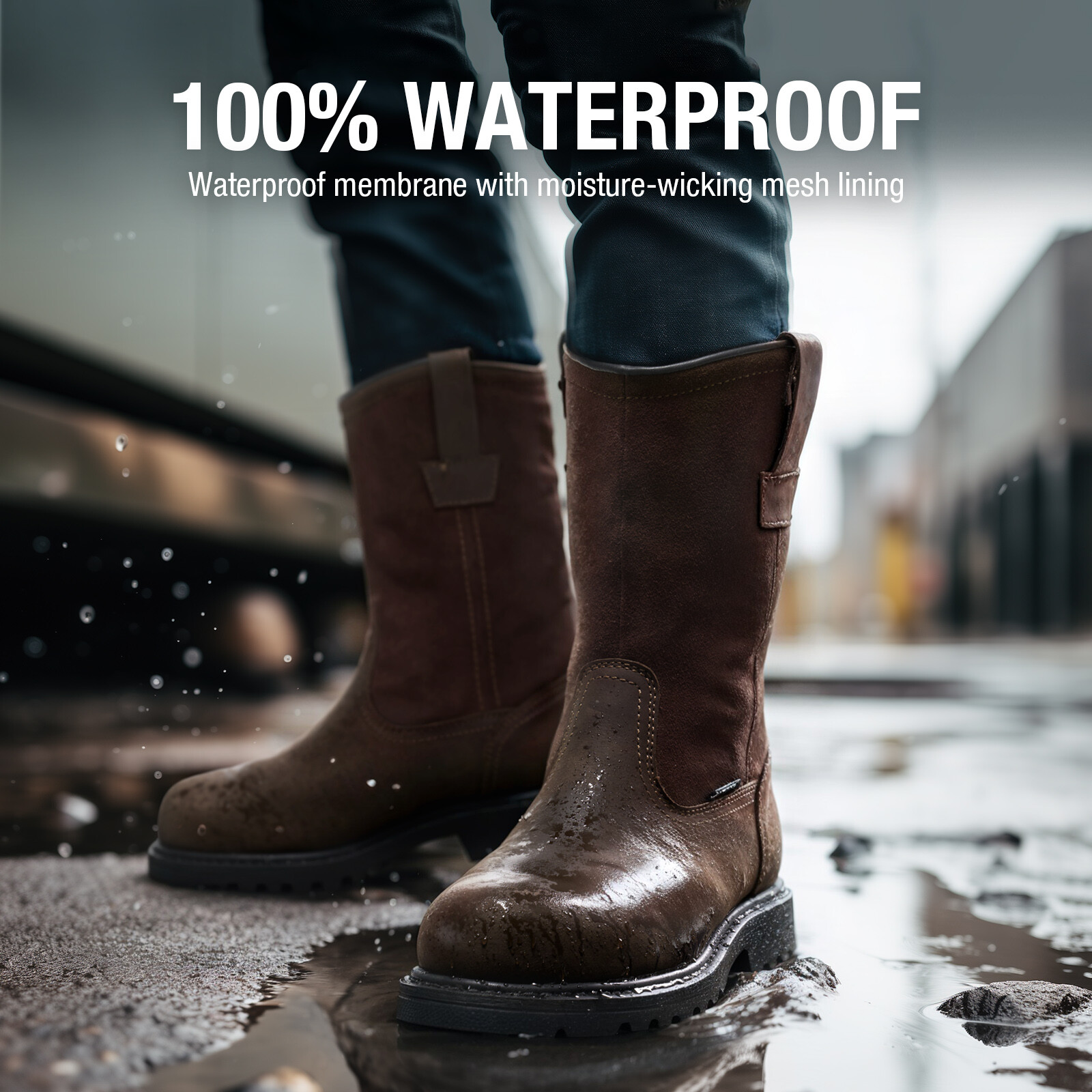 HISEA Men Steel Toe Safety Work Boots Pull On Waterproof Leather Wellington Boot