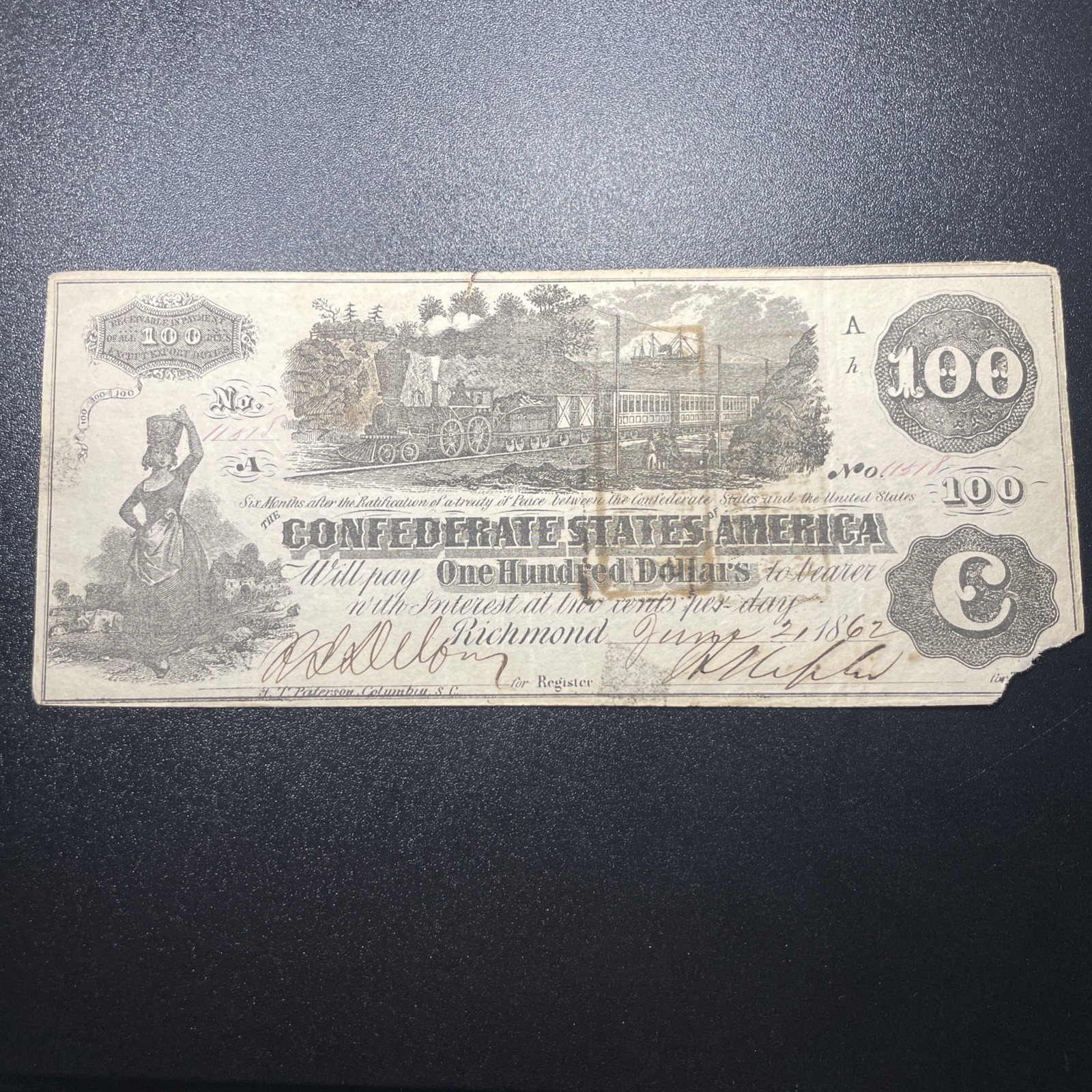 1862 Confederate States America 100 Dollars Note Currency