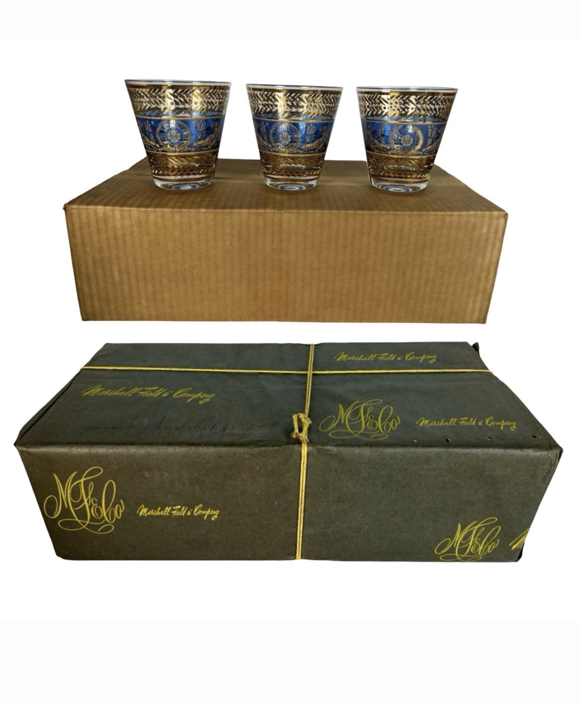 SET Of 8 MCM Marshall Fields Blue Angel Whiskey Glasses New In Box & Wrapping