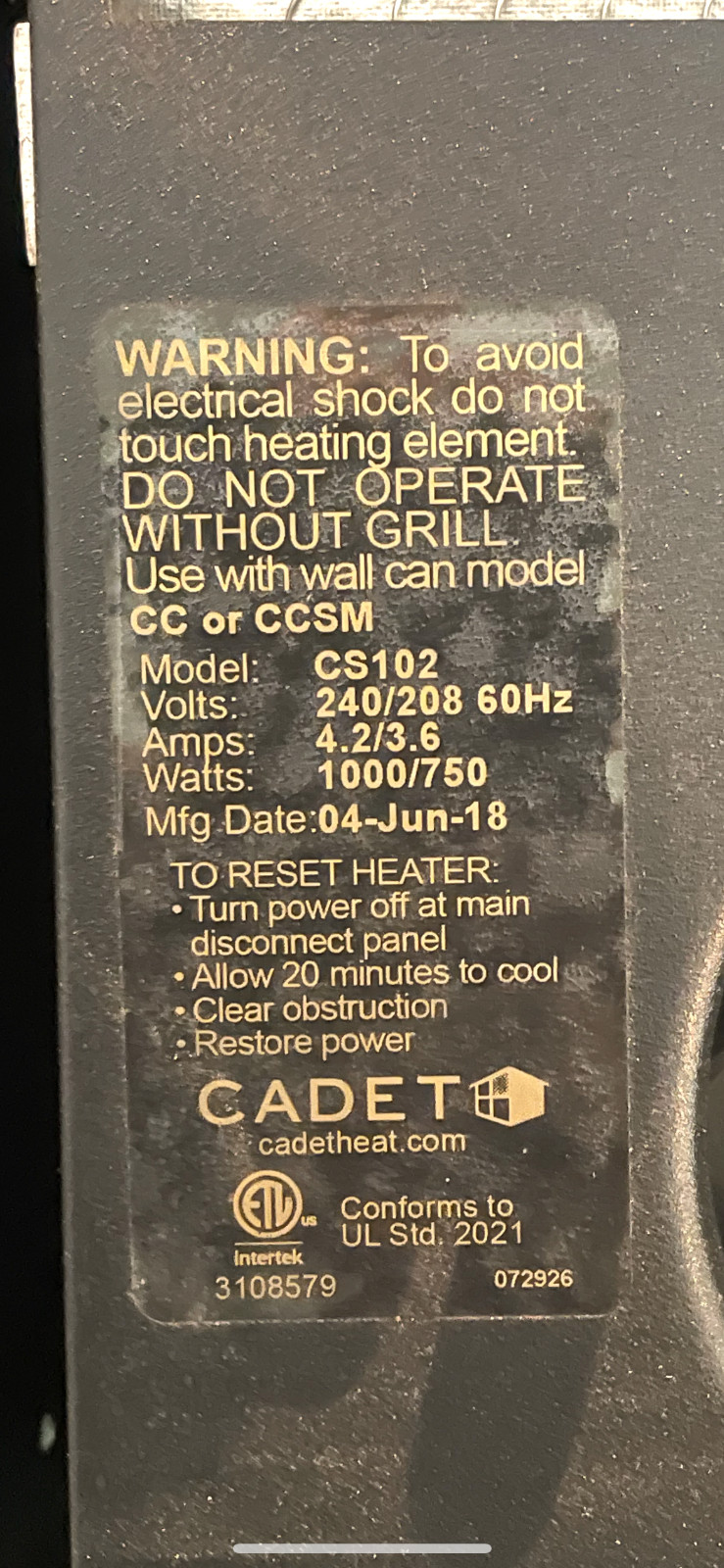 CADET CS102 WALL HEATER FAN-FORCE 240/208 VOLT, 1,000/750 WATT