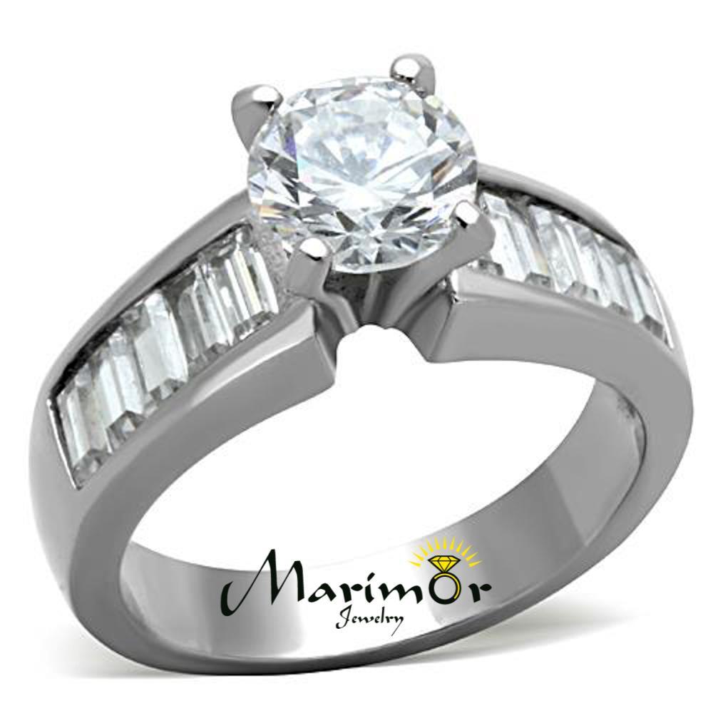 2.97 Ct Round Cut & Baguettes CZ Stainless Steel Engagement Ring Women's Sz 5-10