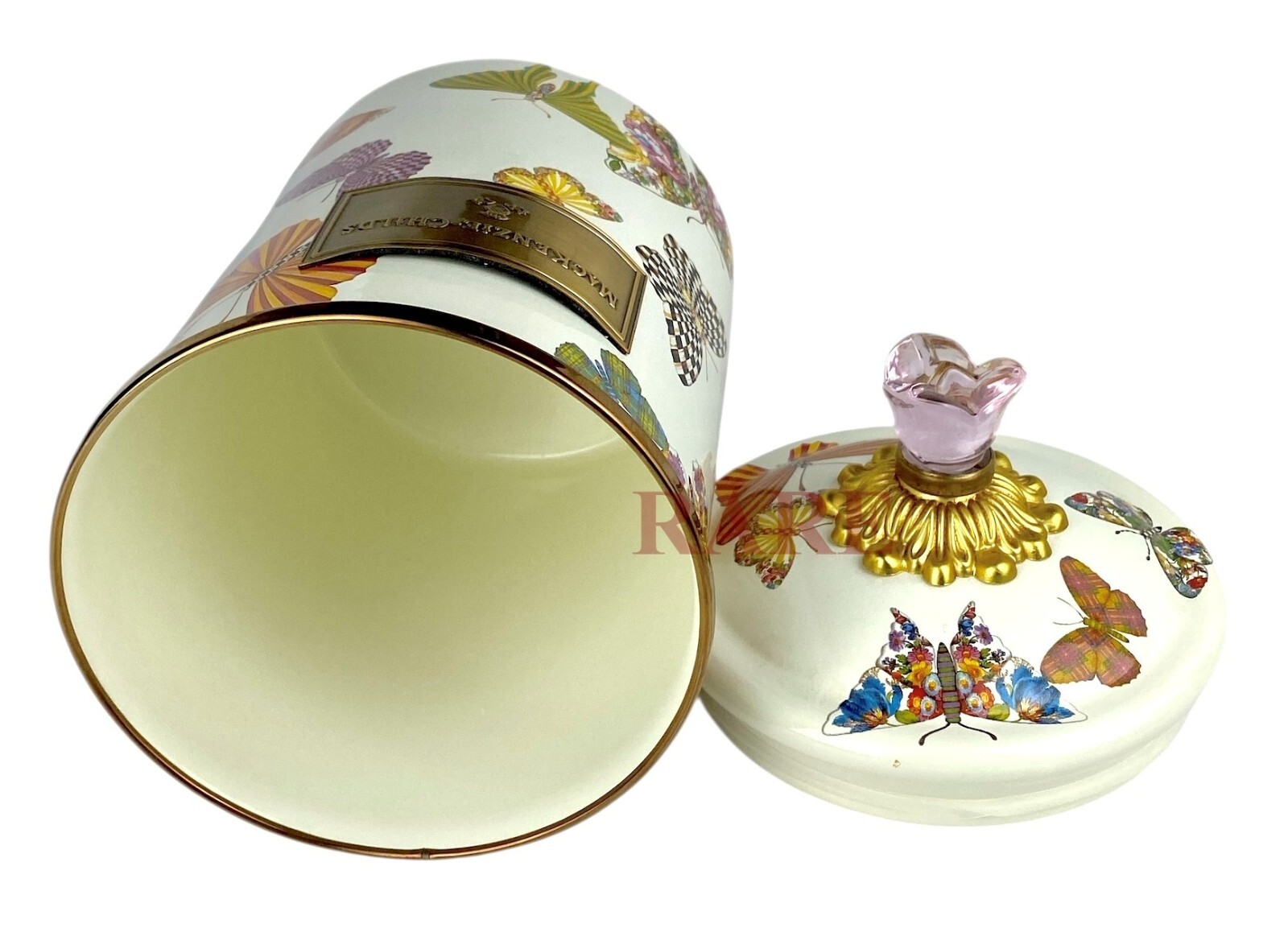 MacKenzie-Childs White Butterfly Garden Enameled Medium 8.5" Canister New No Box