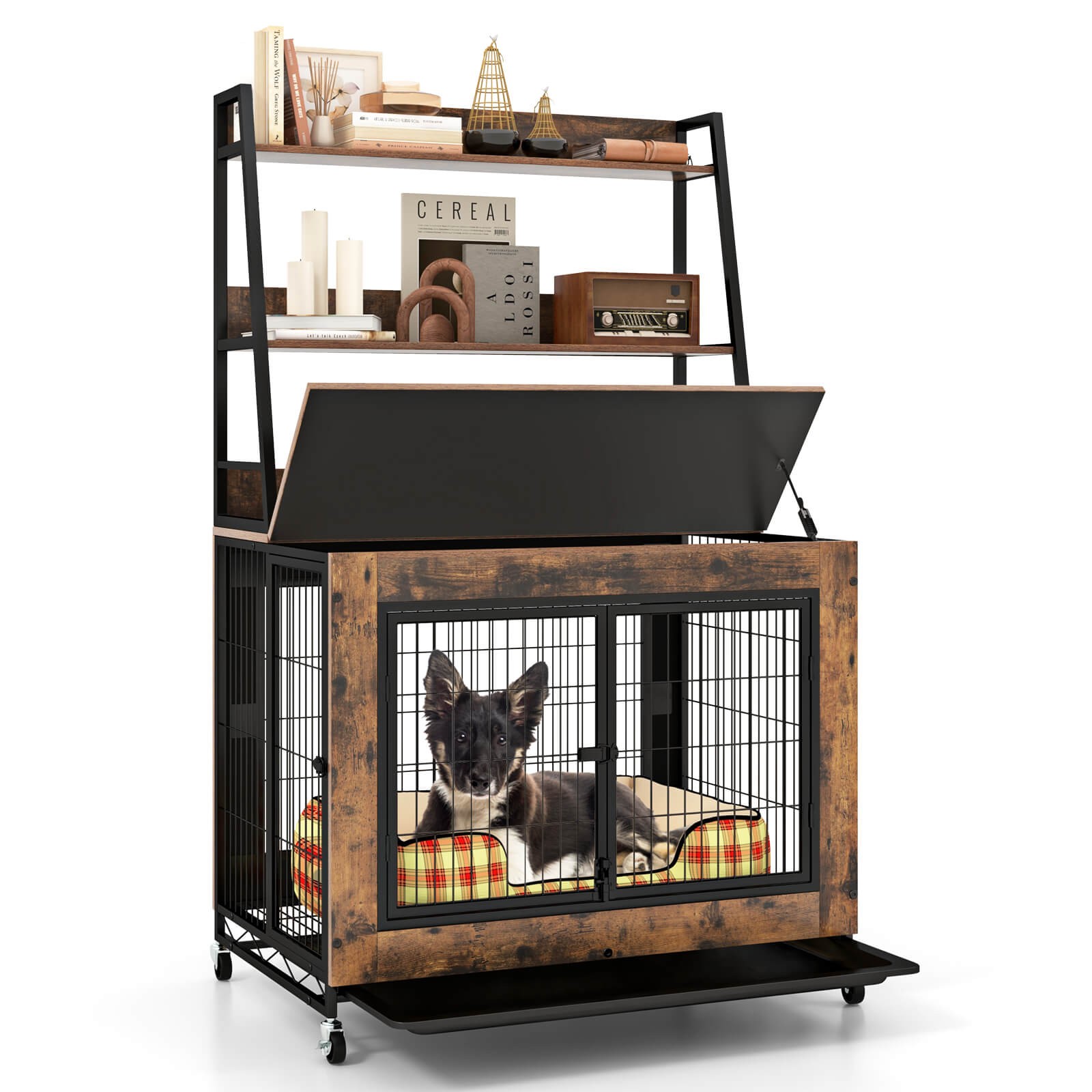 Dog Crate Furniture with Storage Shelves Industrial Dog Kennel w/ Flip-up Top