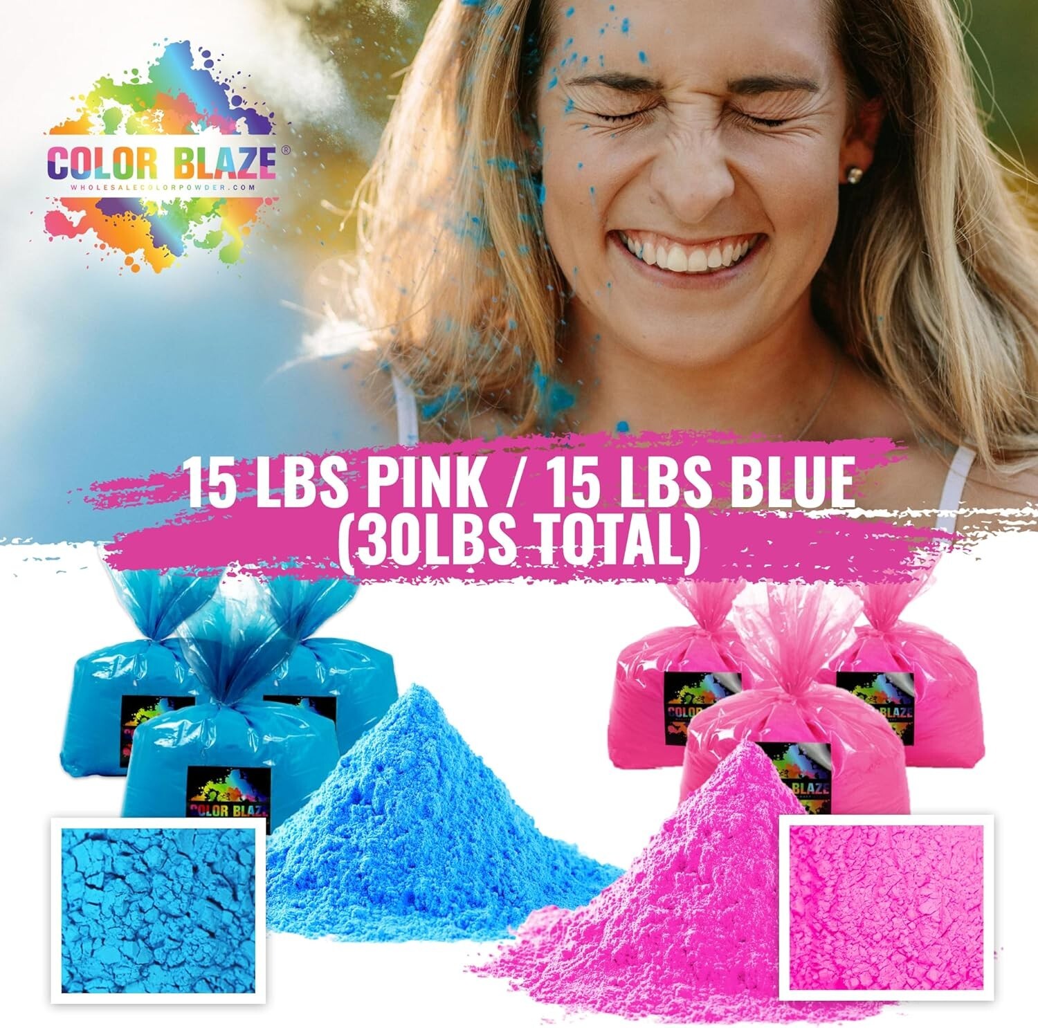 Color Blaze - 15lbs Pink & 15lbs Blue Color Powder Gender Reveal Baby Girl Holi