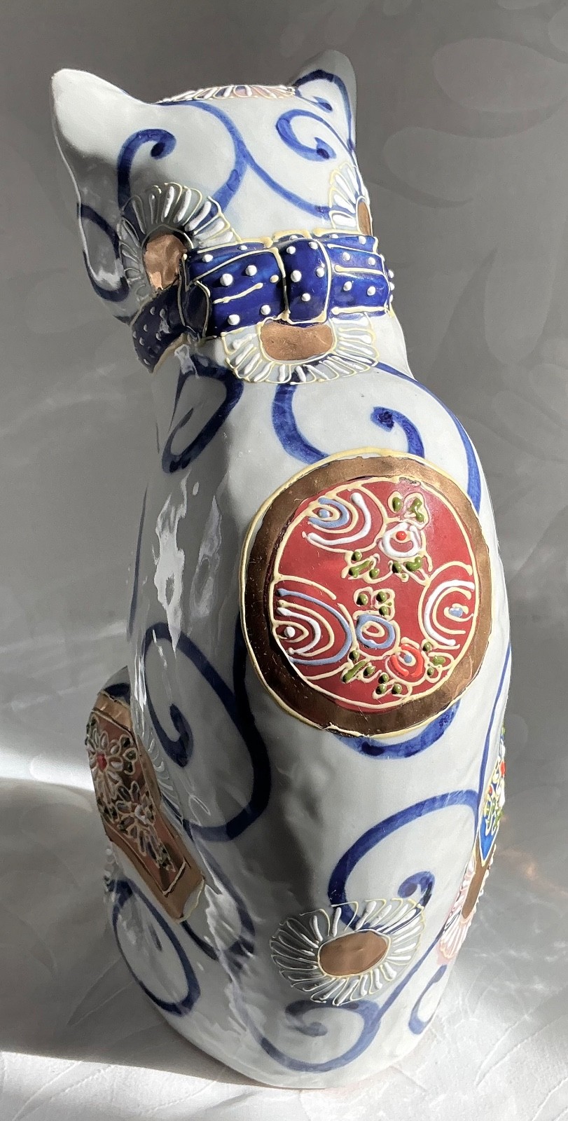 Vtg Large Kutani Cat 9" Porcelain Figurine Japanese Lucky Kitten Sculpture