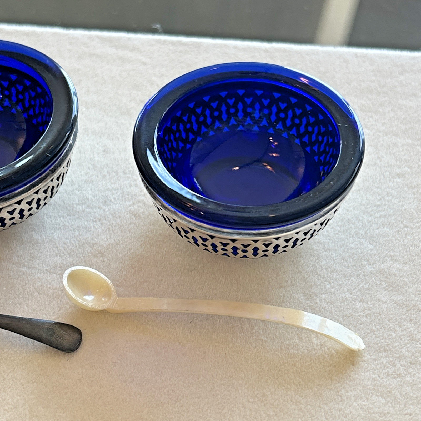 Lot of 2 Antique Webster Salt Cellars 2 Spoons Sterling Silver Blue Cobalt Glass