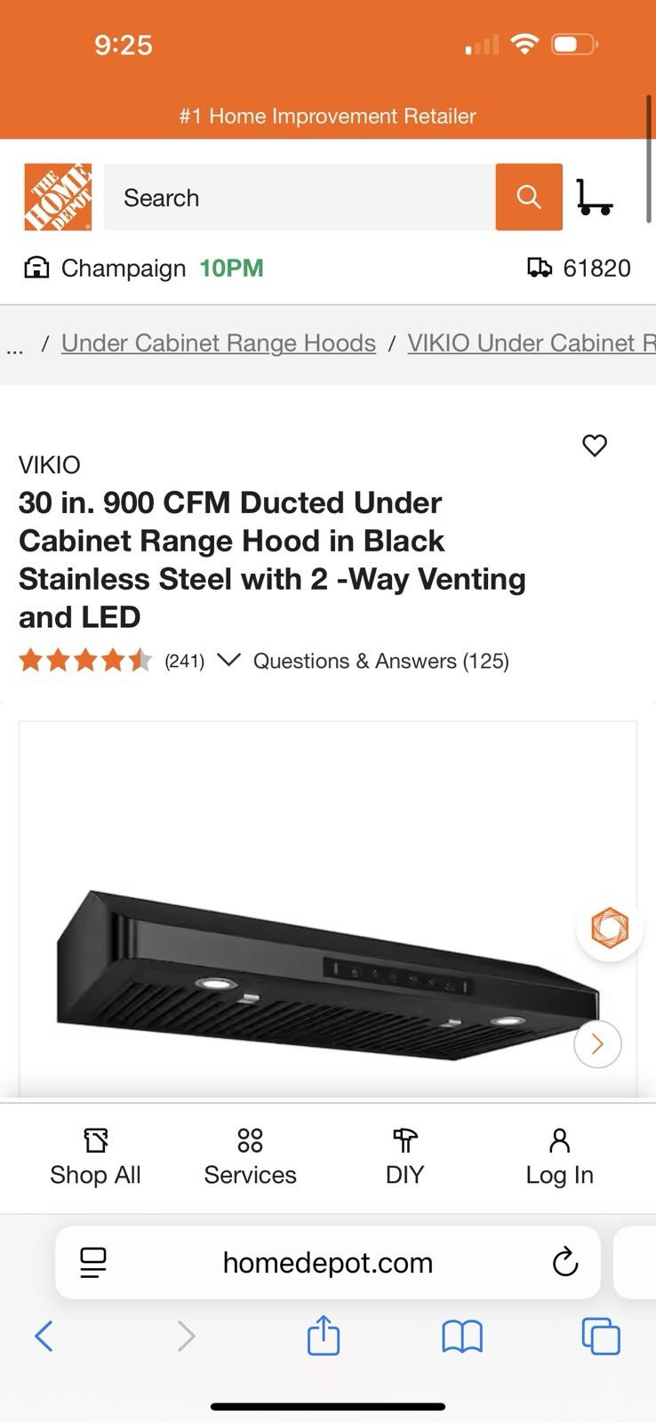 VIKIO 30” 900 CFM Under Cabinet Range Hood Black Stainless LED 2-Way Vent