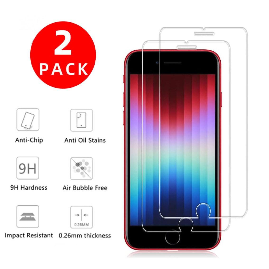 2Pack Tempered Glass Screen Protector for iPhone SE 2022/2020 / iPhone 8